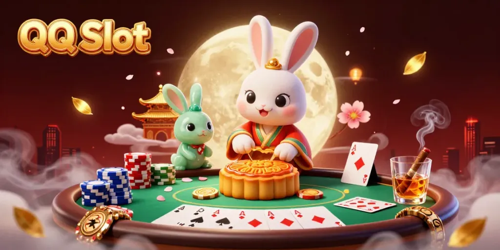 Engage with QQ Slot as the moon rabbit and jade companion create excitement amidst poker chips and lunar treasures.
