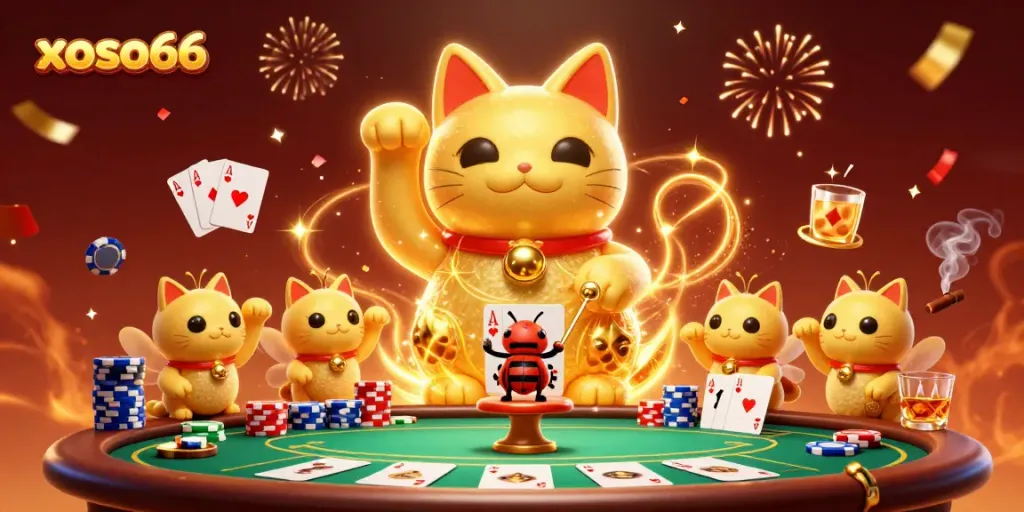 Experience the xoso66 magic with a golden lucky cat formed by fireflies, surrounded by vibrant casino elements.
