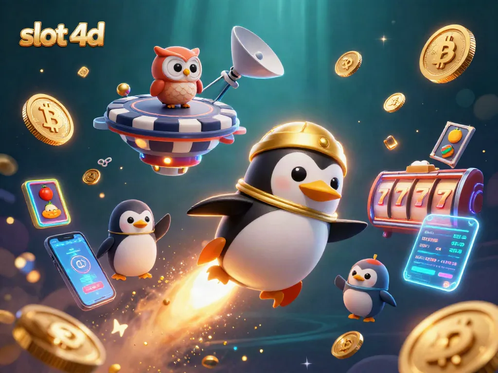 Slot 4D menampilkan penguin emas dengan roket menuju stasiun kasino, dikelilingi koin crypto.