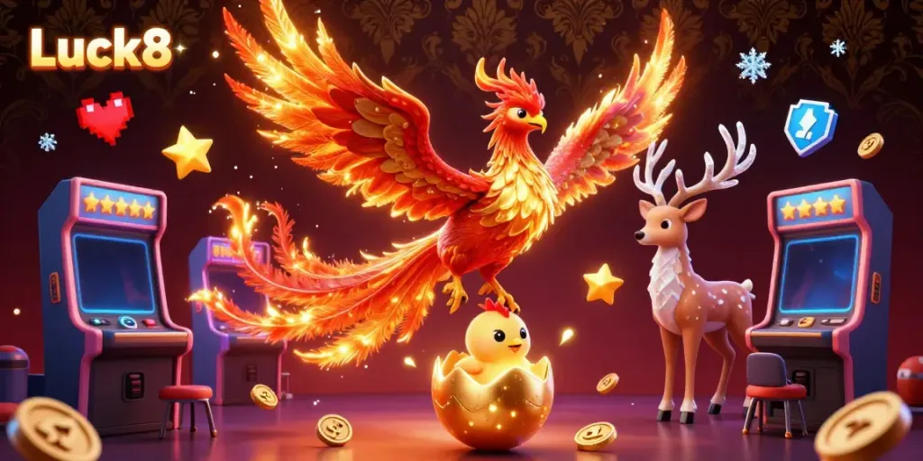 Engage with Luck8's fiery phoenix and gaming elements, showcasing a vibrant online casino atmosphere.