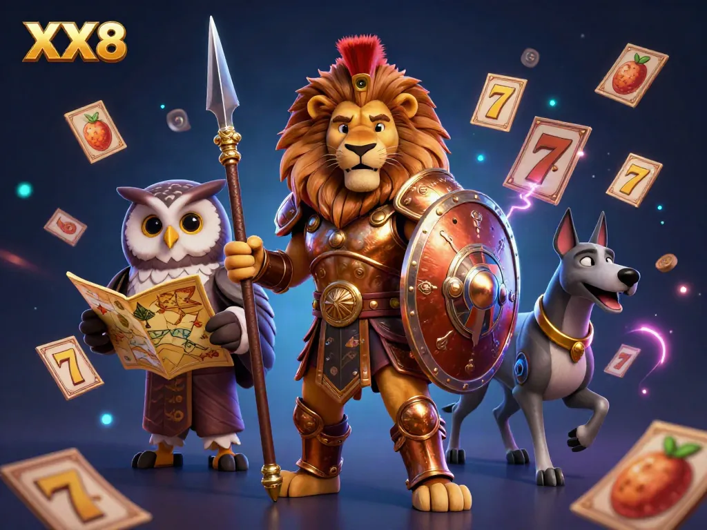 Get ready to win big at XX8 with a jovial Spartan lion leading a vibrant casino adventure in a rich, colorful scene.