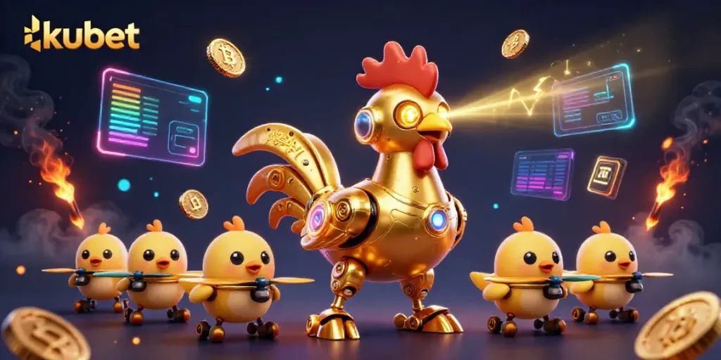 Engage with kubet online casino through a dynamic scene of a golden rooster robot and baby chick drones with cryptocurrency elements.