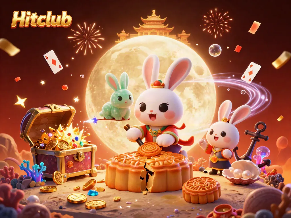 Hitclub offers exciting gameplay with a bold illustration of a moon rabbit and jade companion against a vibrant casino theme