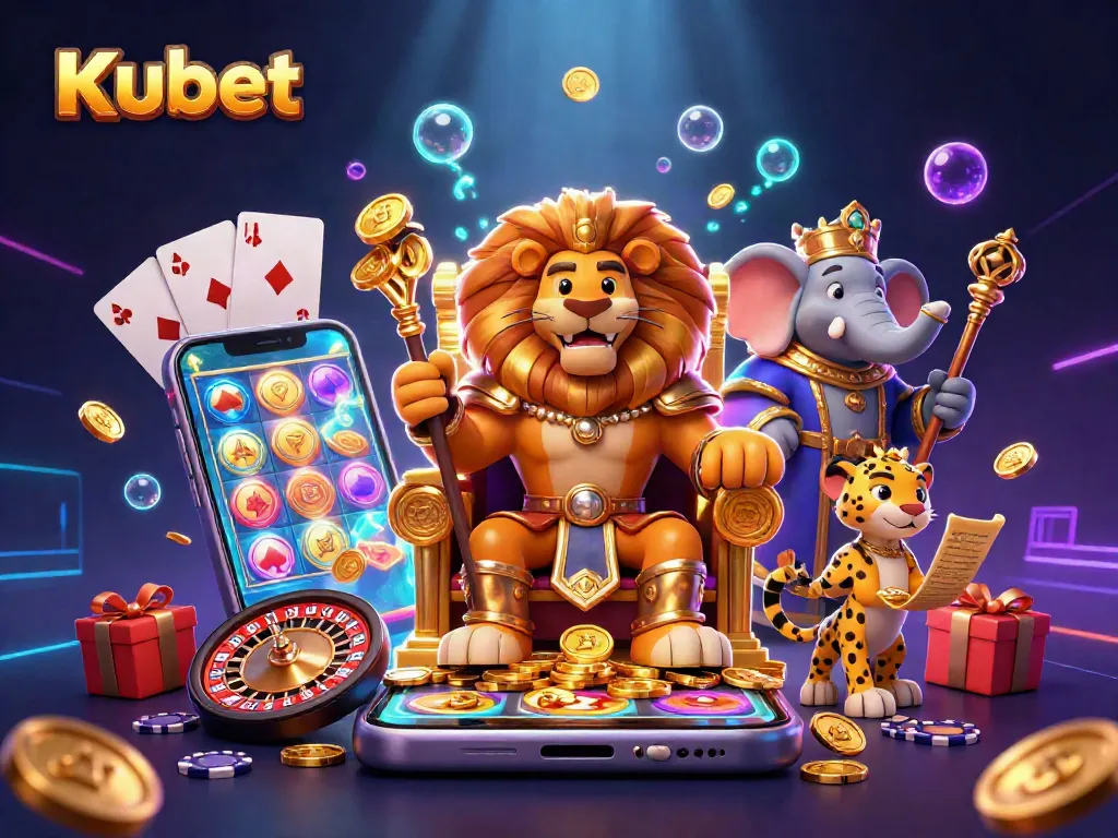 Kubet captures the thrill of online gambling with a rich portrait of a lion king, elephant advisor, and cheetah messenger amidst gaming elements.