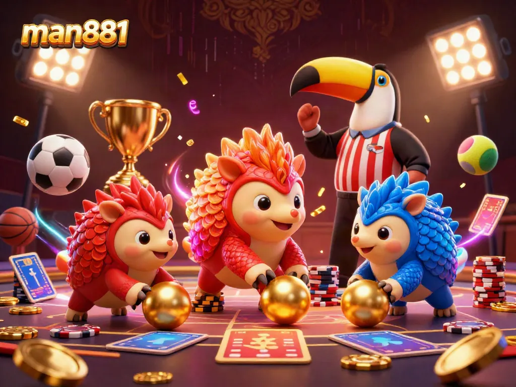 Compete with man881 as rival pangolins playfully roll into golden balls, surrounded by sports elements.