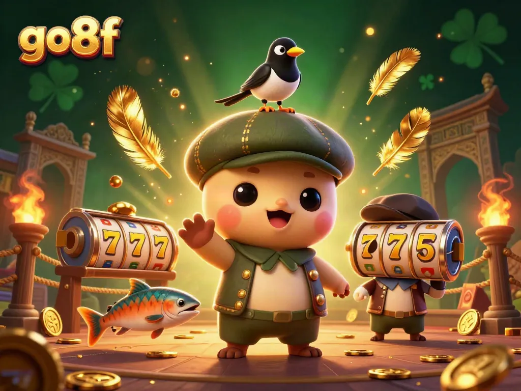 Join the excitement at go8f with enthusiastic characters amidst dynamic slot reels and sparkling elements!
