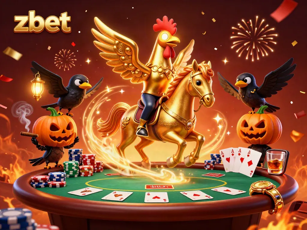 Zbet features an exciting 3D illustration of a golden rooster in a casino setting, engaging in vibrant gaming.
