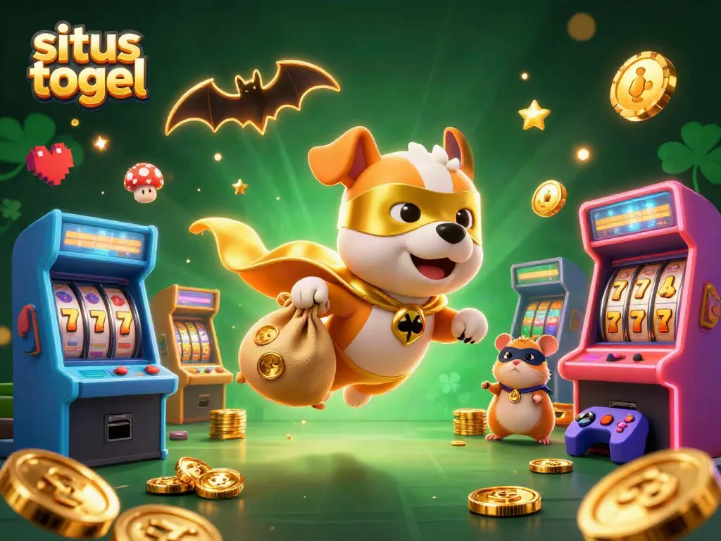 Engage with situs togel as a superhero dog and hamster celebrate wins amidst vibrant casino games.