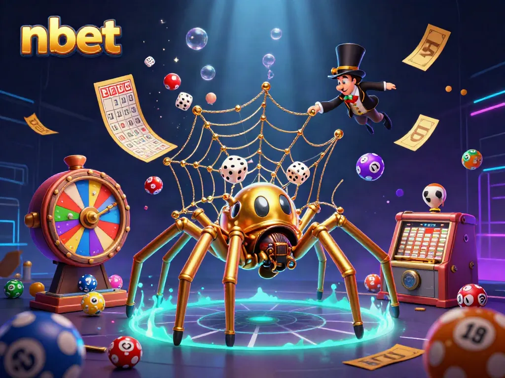 Experience thrilling nbet action with a steampunk spider catching dice in a vibrant casino scene.