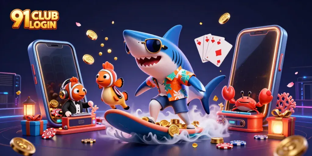 Engage with the 91 CLUB LOGIN scene featuring exciting casino elements and vibrant cartoon characters.