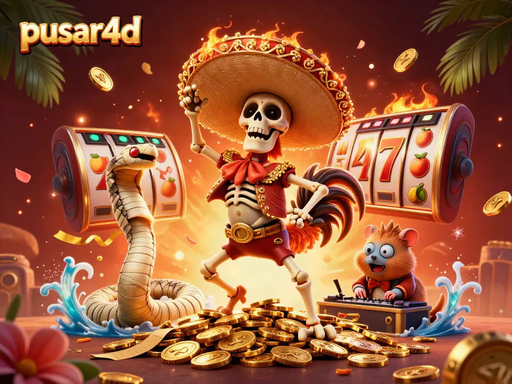 Engage in the flamboyant gaming experience of pusar4d with a lively victory scene featuring a mariachi rooster.