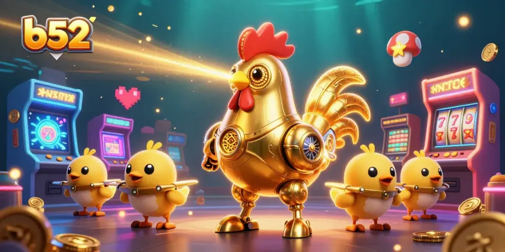 Engage in thrilling gameplay at b52 with the golden rooster robot and baby chick drones amid vibrant slots.