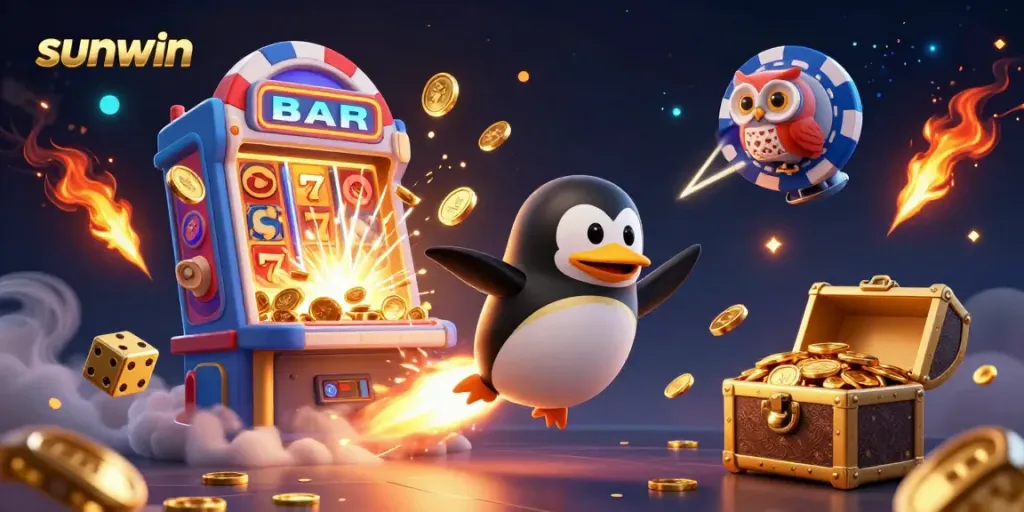 Experience thrilling adventures in sunwin with a golden penguin soaring through a vibrant casino universe.