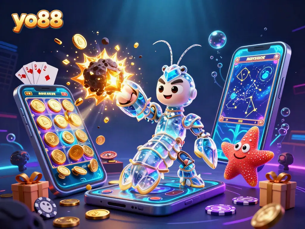 Experience thrill with yo88 as a galactic mantis shrimp bursts through an asteroid, surrounded by vibrant casino elements.