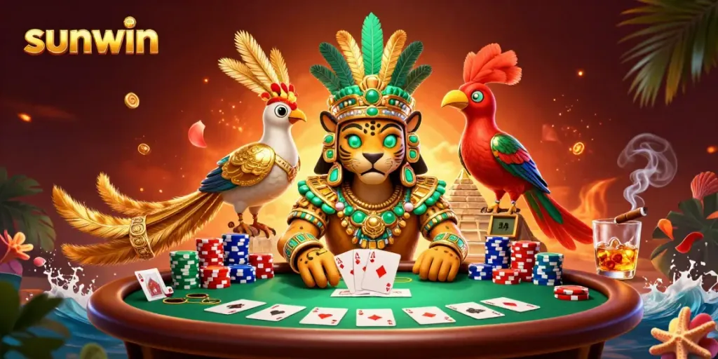 Play exciting poker at sunwin with vibrant characters, chips, and a dynamic gaming environment.