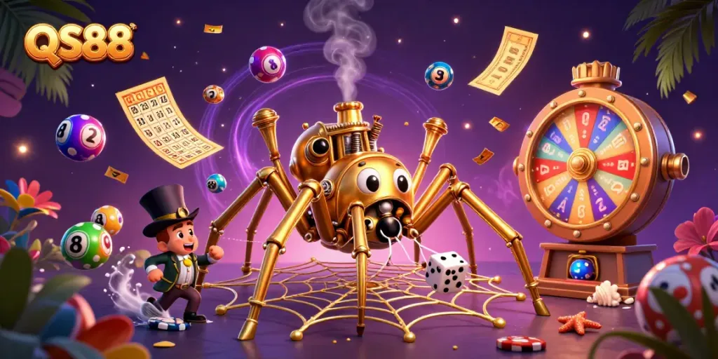 Engage with QS88's vibrant lottery scene featuring golden chains, colorful balls, and exciting game elements.