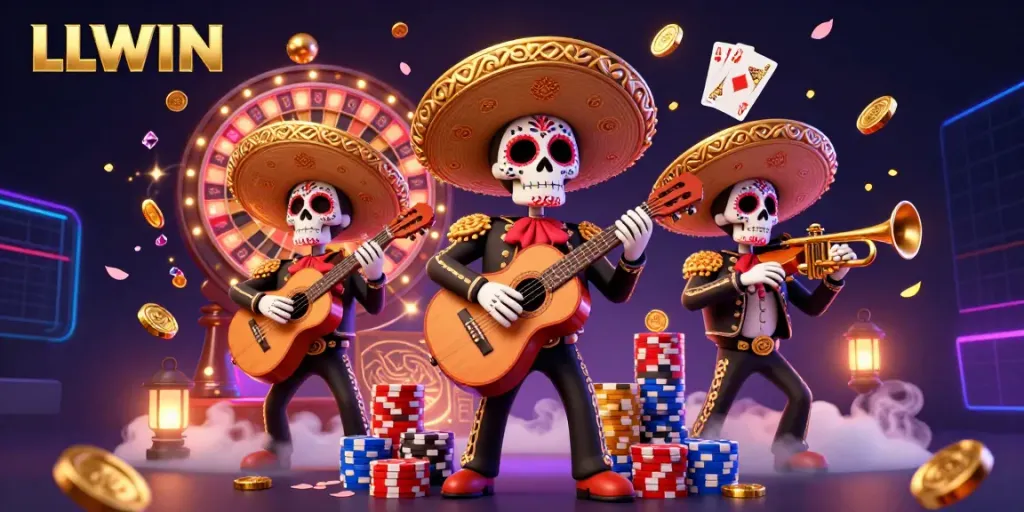 Experience the allure of LLWIN with a lively mariachi band amidst cascading coins, roulette wheels, and poker chips.