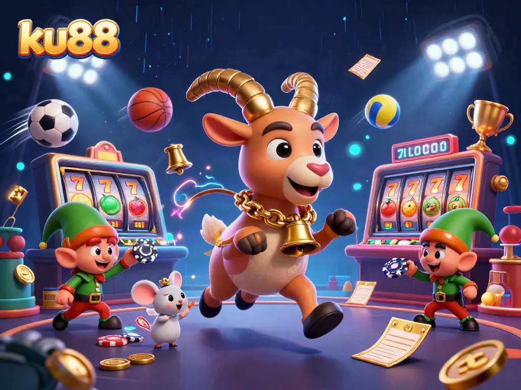 Engage in playful betting action with ku88 in a festive casino landscape filled with vibrant game elements.