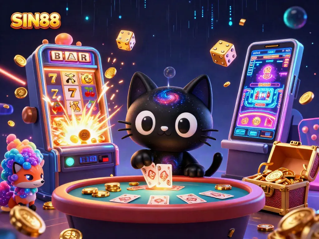 SIN88 engages players with its cosmic casino, featuring a black hole cat and earning gold chips.