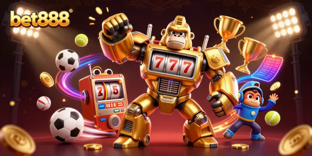 Experience thrilling gaming at bet888 with a vibrant 3D scene featuring a golden gorilla mech amidst dynamic sports elements.
