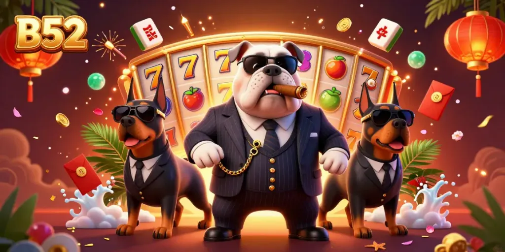 Engage in thrilling B52 action with a lively scene showcasing a mafia boss bulldog and security Dobermans within a vibrant casino atmosphere.