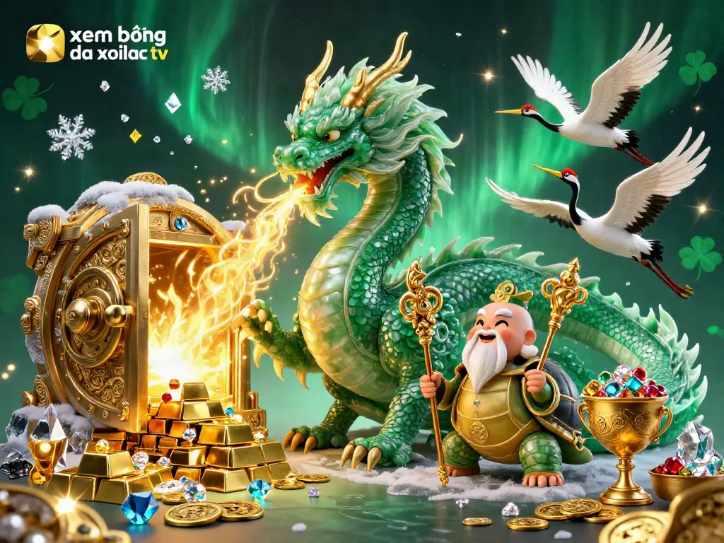 Xem bóng đá xoilac tv showcases a vibrant fantasy scene with a dragon, turtle sage, and cranes amidst gold treasures.