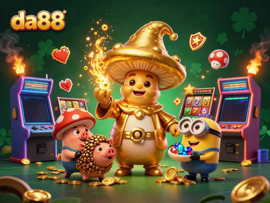 Experience da88's magical casino world with a golden mushroom wizard and vibrant gaming elements.