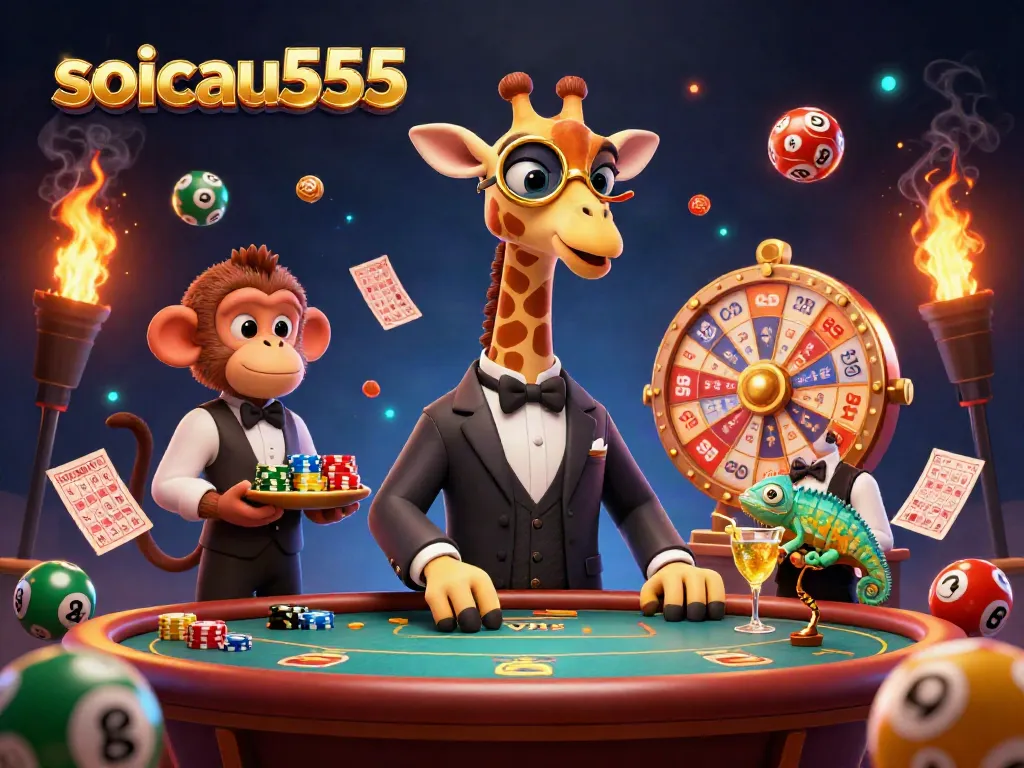 Experience the thrilling world of soicau555 with the giraffe high-roller and bingo elements in a vibrant casino scene.