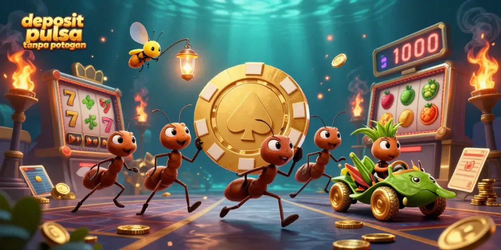 Engage with deposit pulsa tanpa potongan through an exciting heist scene featuring animated ants and casino elements.
