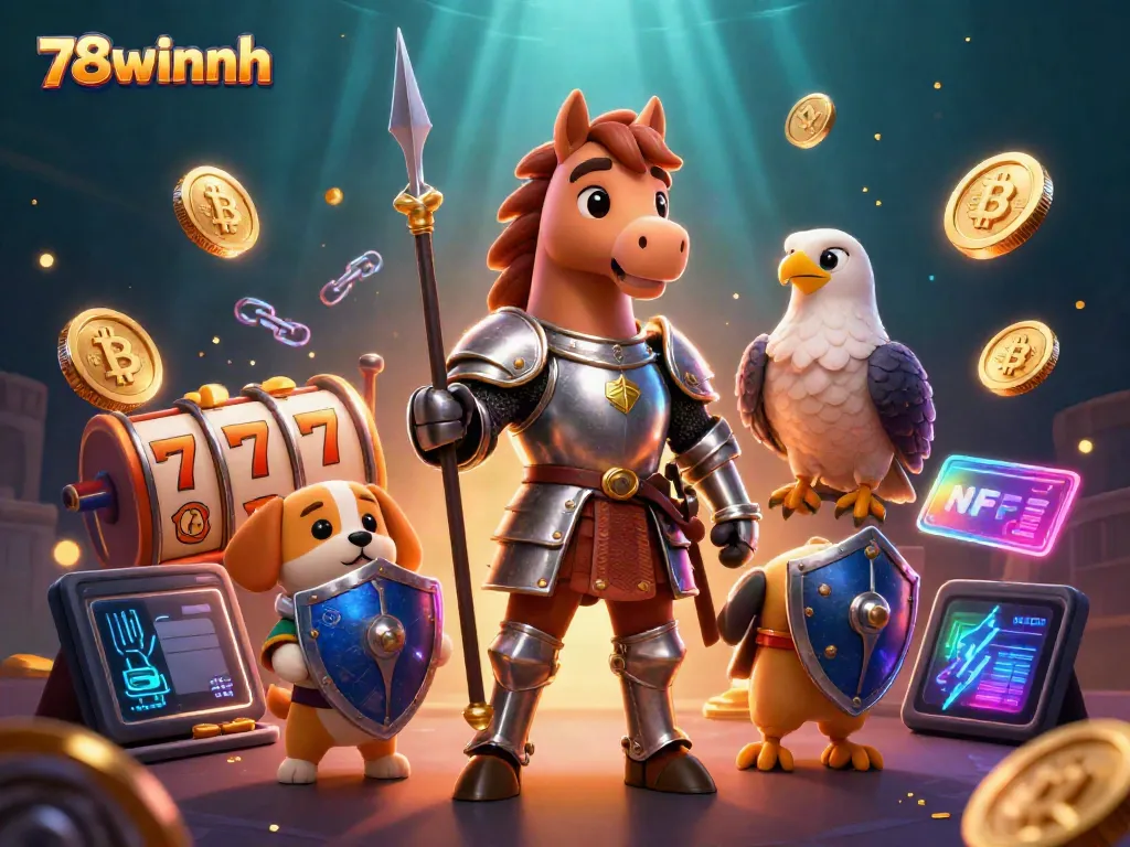 Experience thrilling gaming with 78winnh, featuring slot reels, knights, and crypto coins in an adventurous scene.
