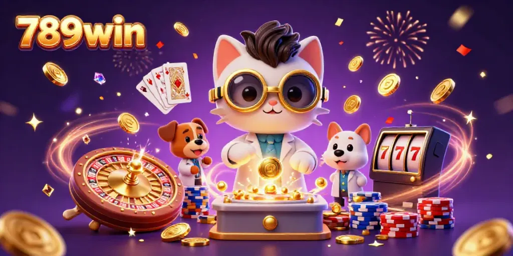 Experience the excitement of 789win with a vibrant scene of a mad scientist cat and assistant in a casino-themed lab.