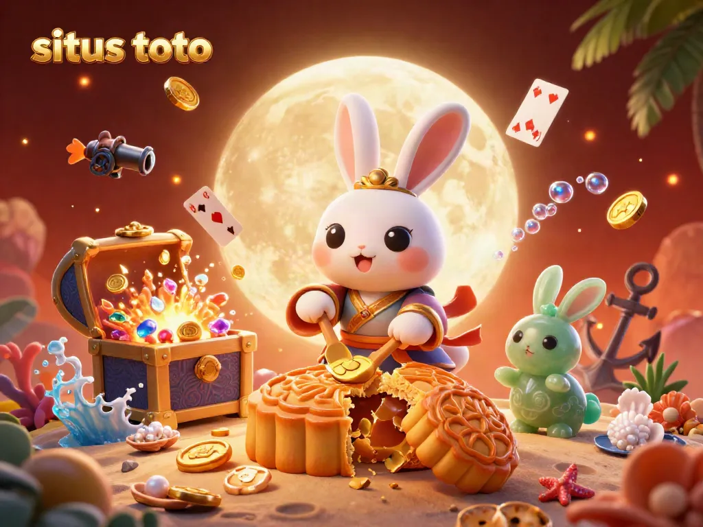 Situs toto offers thrilling gaming experiences with golden mooncakes revealing poker chips amidst colorful treasures.