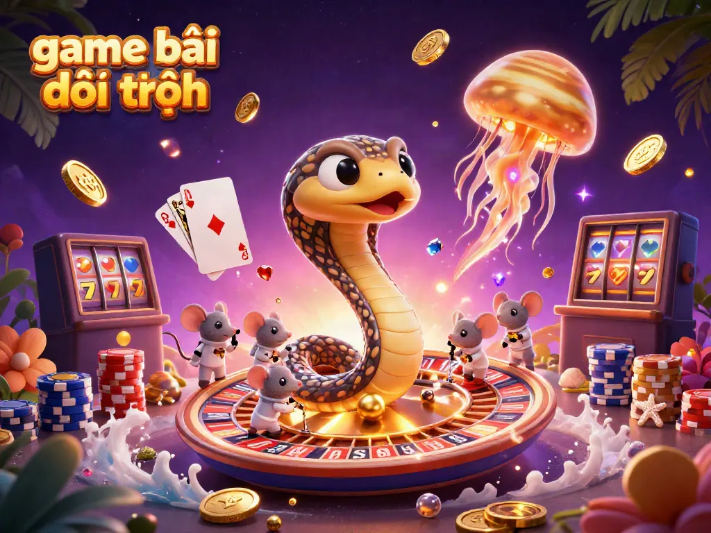 Engaging 3D scene showcasing game bài đổi thưởng with a Saturn snake, astronaut mice, and a cosmic jellyfish dealer.
