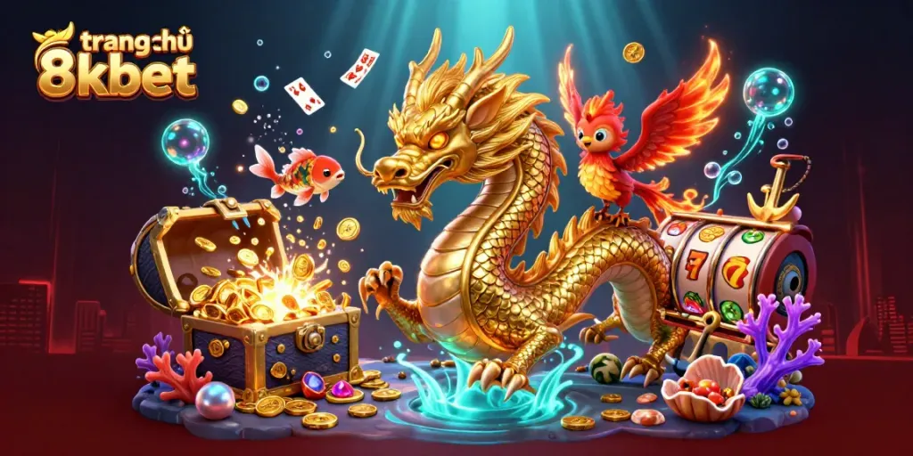 Experience thrilling action at trang chủ 8xbet with a vibrant dragon and phoenix illustration.