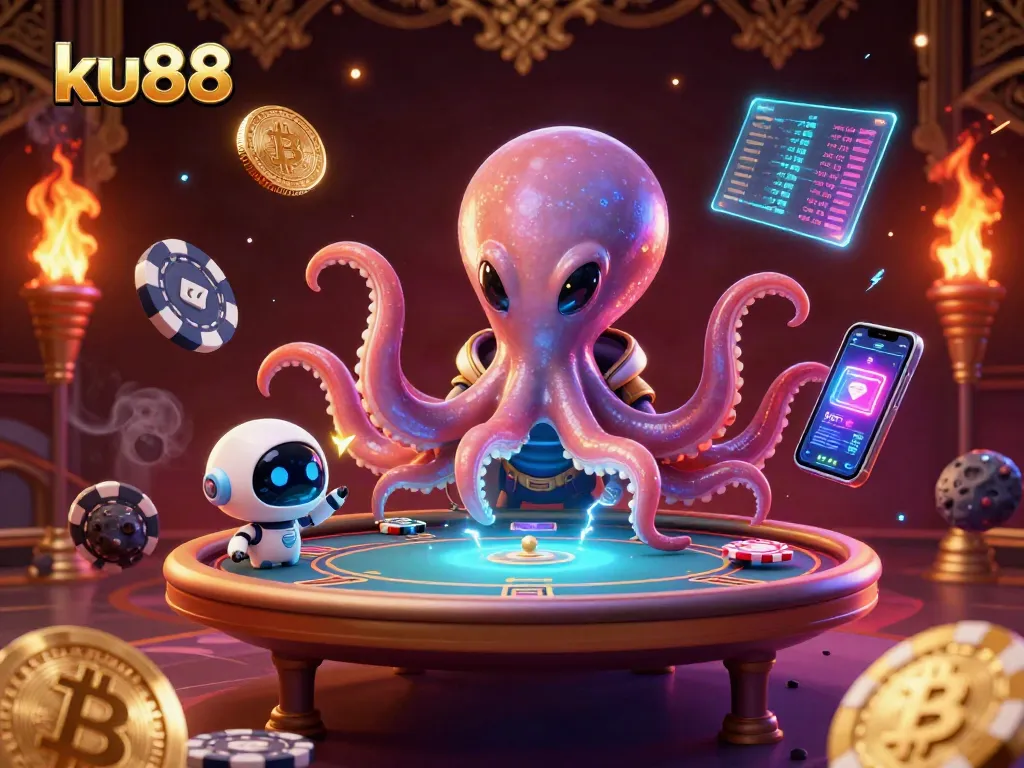 Engage in thrilling poker gameplay at ku88 with an alien octopus dealer and crypto coins.