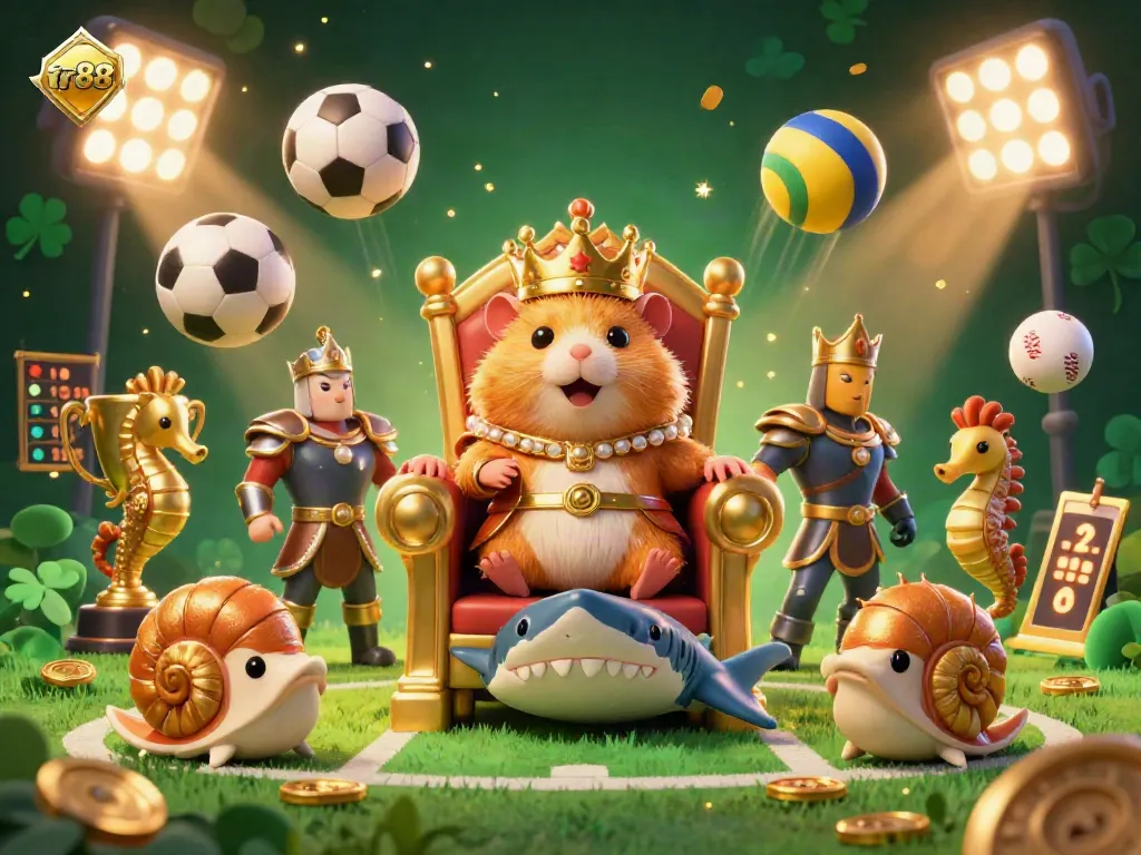 Engage with tr88's vibrant sports betting scene featuring a golden hamster king and dynamic sports elements.