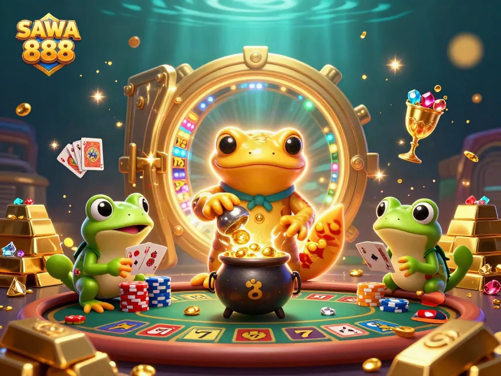 Enchanting SAWA 888 casino scene with a golden salamander and frog creating winning games.