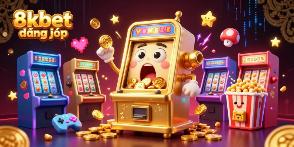 Experience 8xbet đăng nhập with vibrant slot machines and thrilling gaming action in this dynamic illustration.