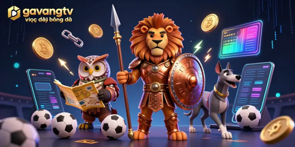 Bet on gavangtv trực tiếp bóng đá with a lively 3D graphic showing sports elements and cartoon characters.