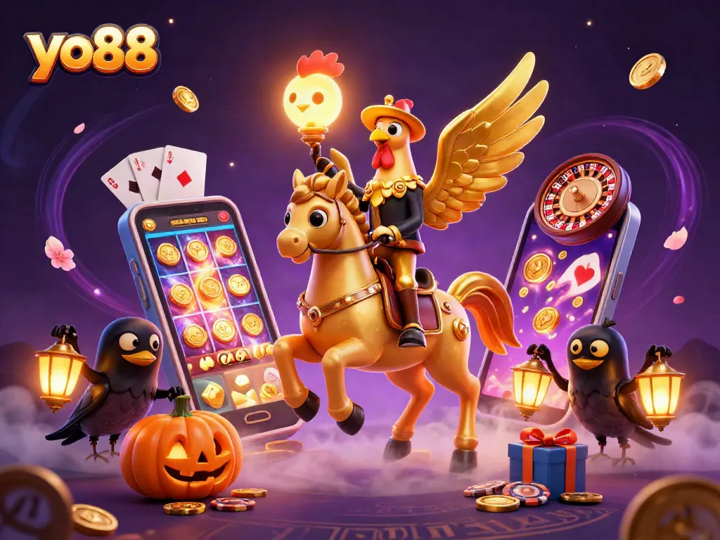 Engage in dynamic gaming with yo88 featuring a golden rooster in a mystical casino atmosphere.