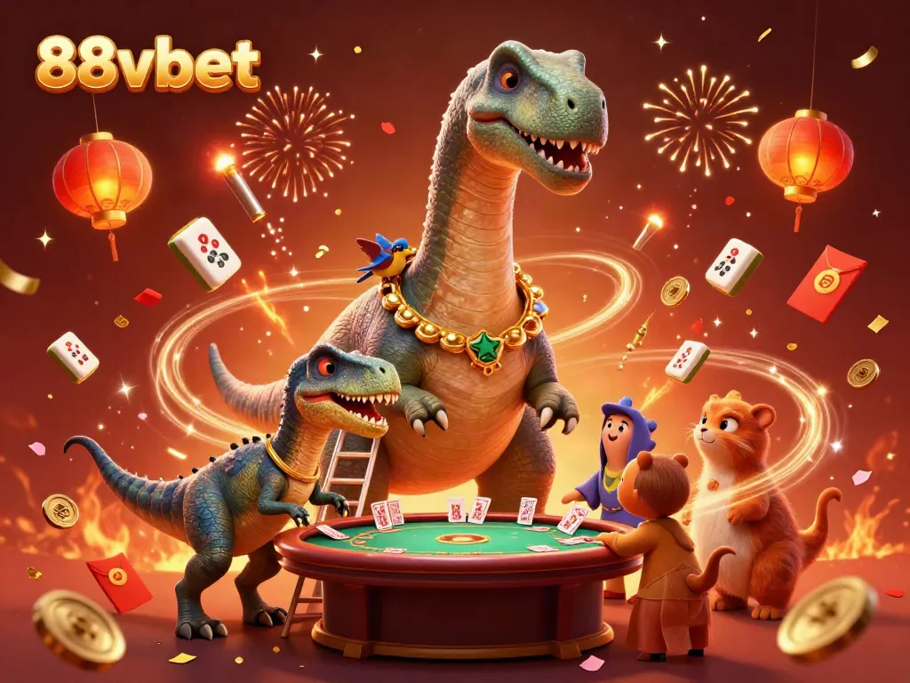 Experience the vibrant energy of 88vbet in a stunning scene with a giant brontosaurus and clever raptor dealing cards.