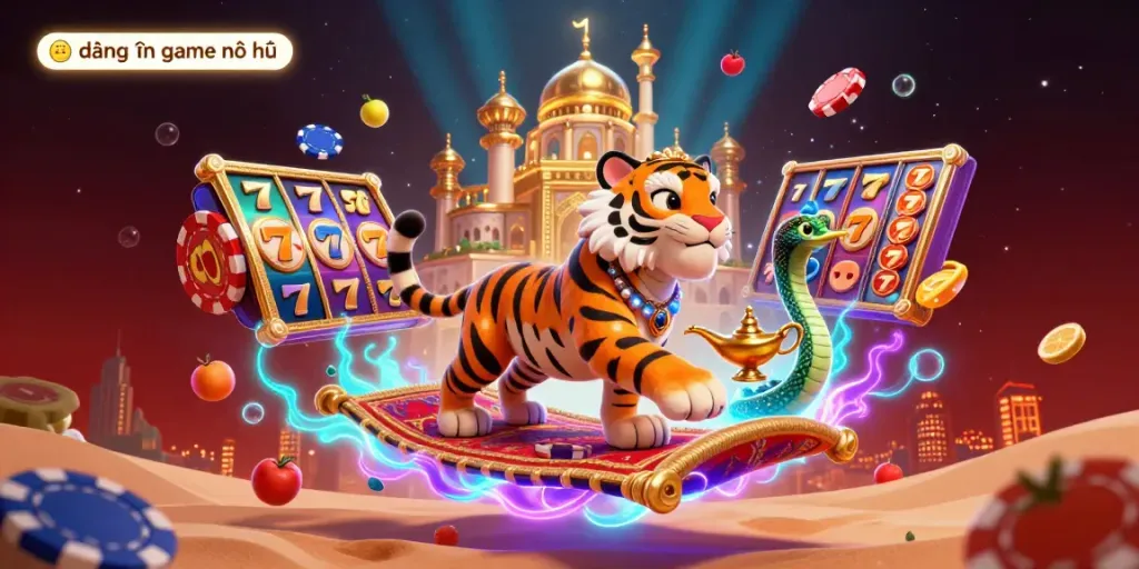 Join the thrilling world of đăng nhập game nổ hũ with this vibrant 3D casino illustration featuring an Arabian tiger sultan.
