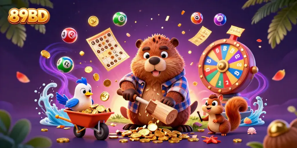 Experience excitement with 89BD as the beaver chops gold coin trees in a vibrant casino illustration.