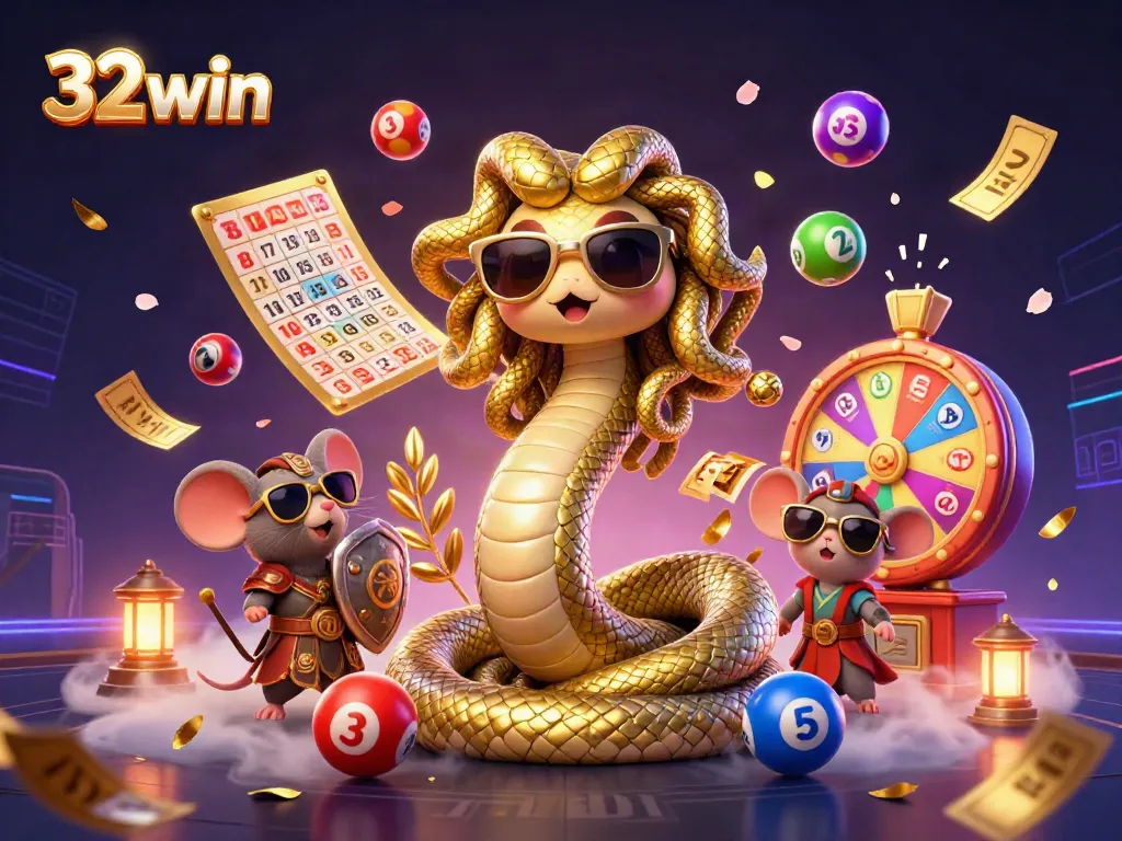 Engage in thrilling gameplay with 32win, featuring a lively 3D casino scene packed with lottery and gaming elements.