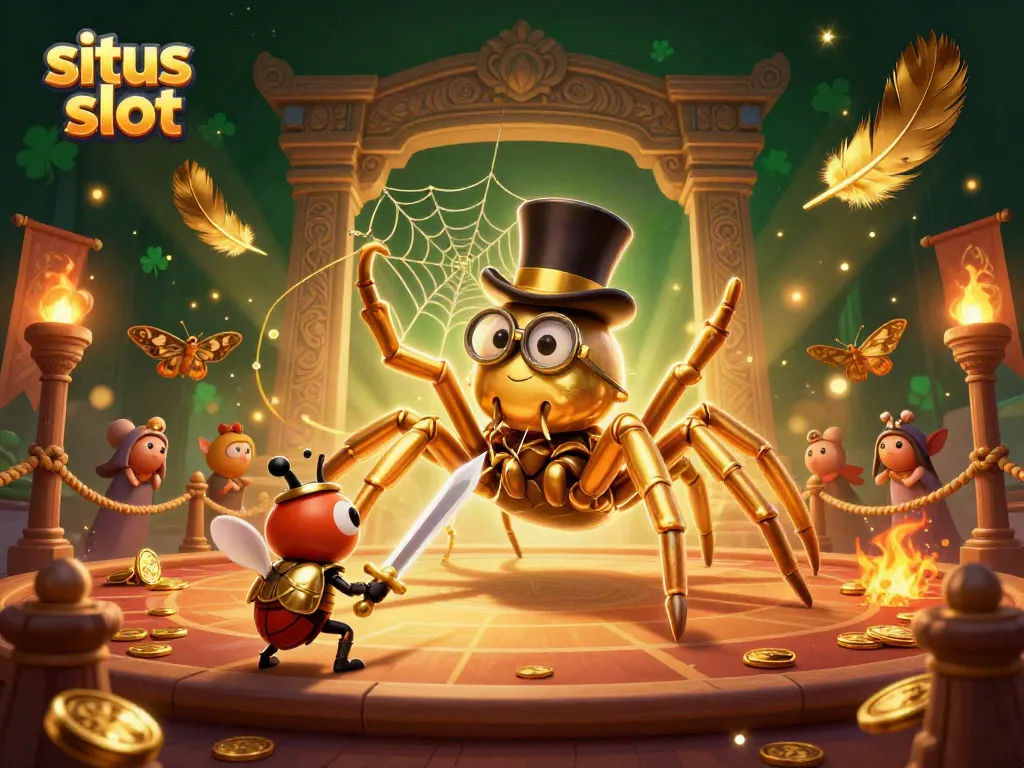 Situs slot dengan tarantula emas bertopi dan ksatria beetle mendekati arena judi yang meriah.