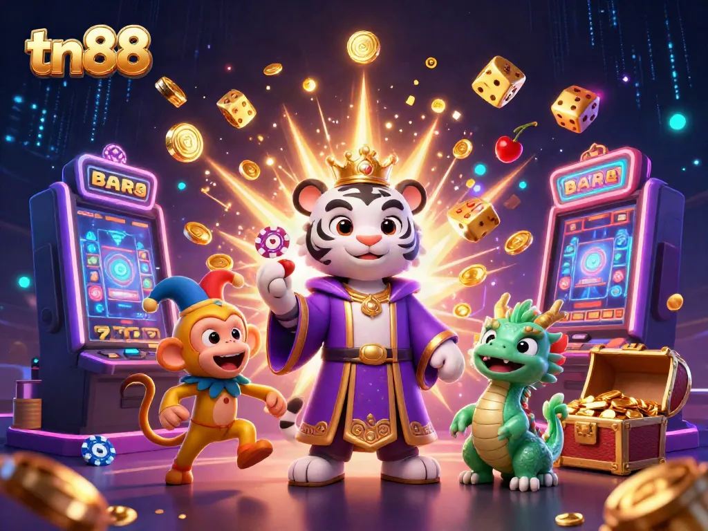Engage with tn88's exciting gaming experience featuring a lively tiger, monkey, and dragon in a dynamic casino scene.