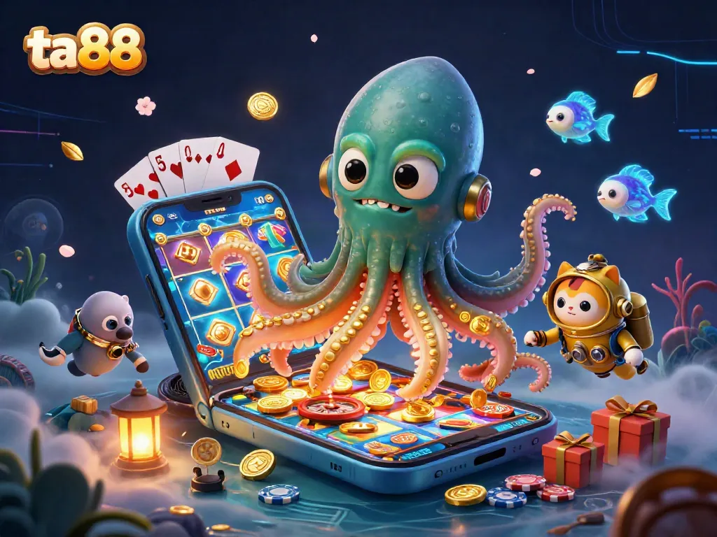 Engage with ta88's vibrant gaming universe featuring a kraken, vintage diving cat, and slot games.