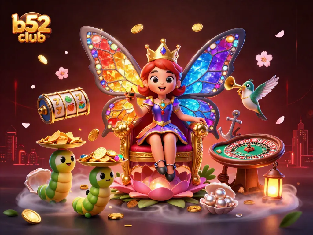 B52club promotes fun and excitement with a vibrant casino theme featuring slot reels and a roulette wheel.