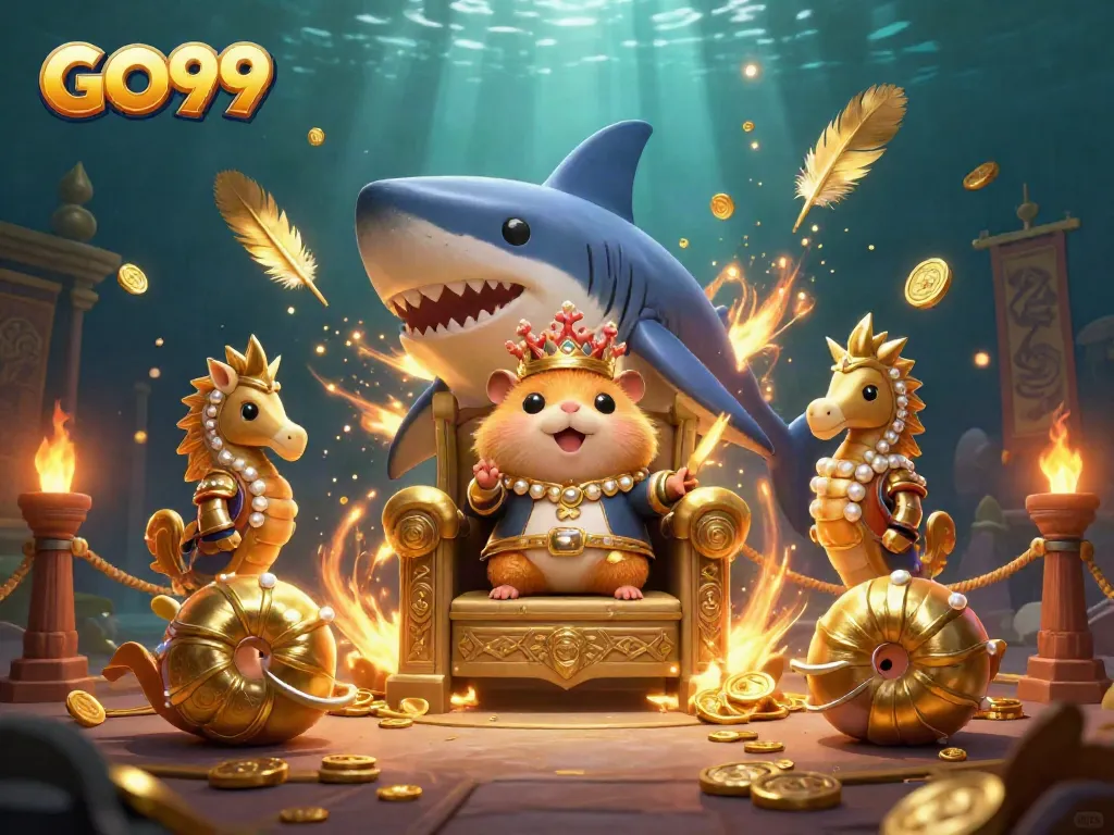 Engage in exciting gameplay with GO99, featuring a fierce hamster king in a vibrant casino scene.