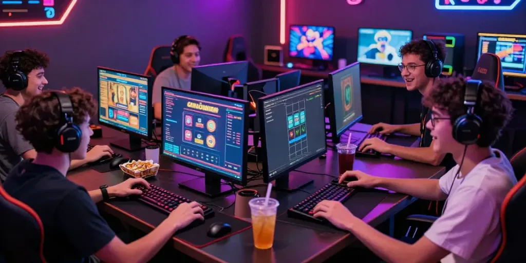 Diverse players enjoying slot gacor games in a modern cyber café with vibrant screens and exciting atmosphere.